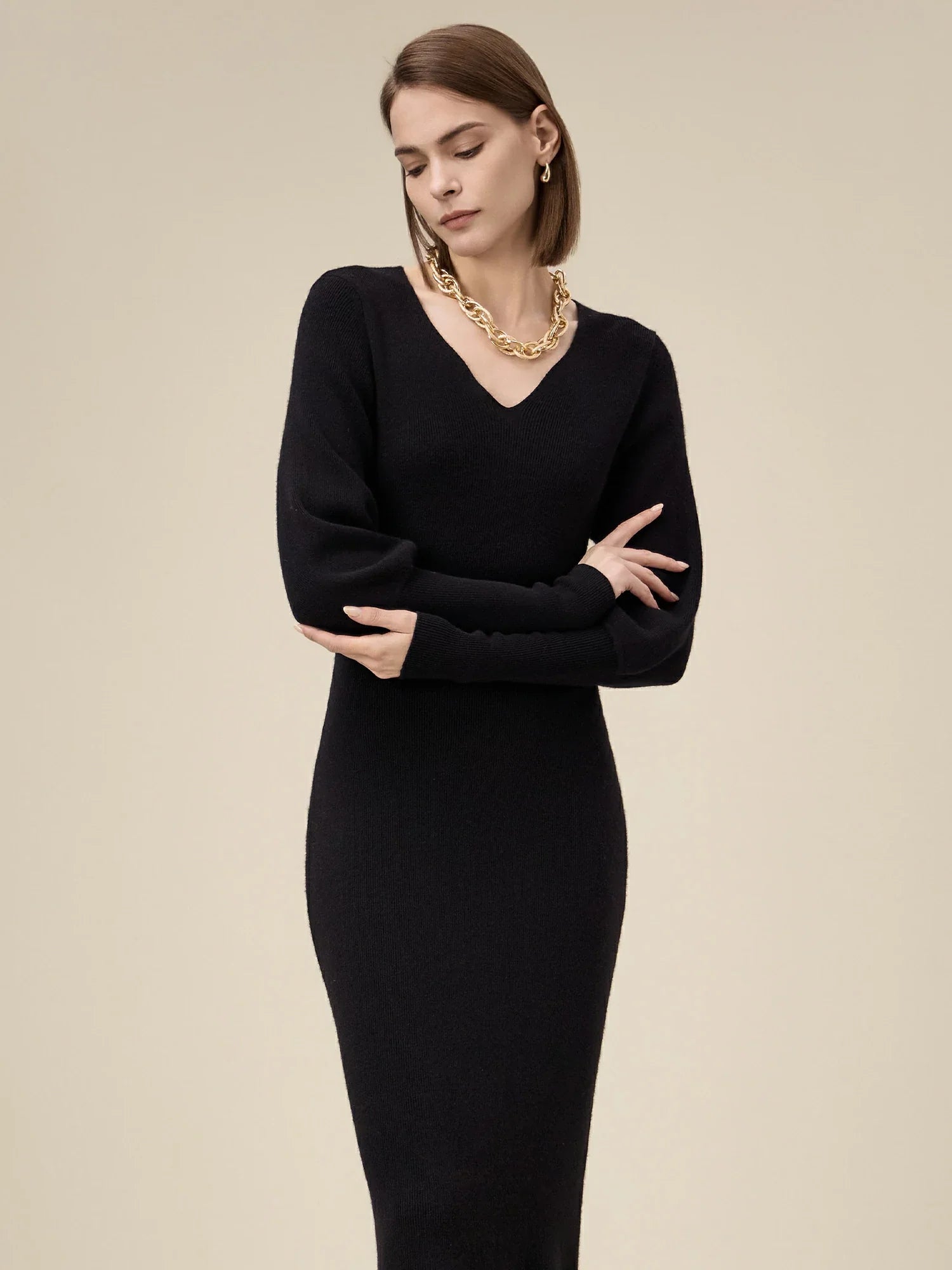 Aylmera Women's 100% Wool V-Neck Knitted Dress